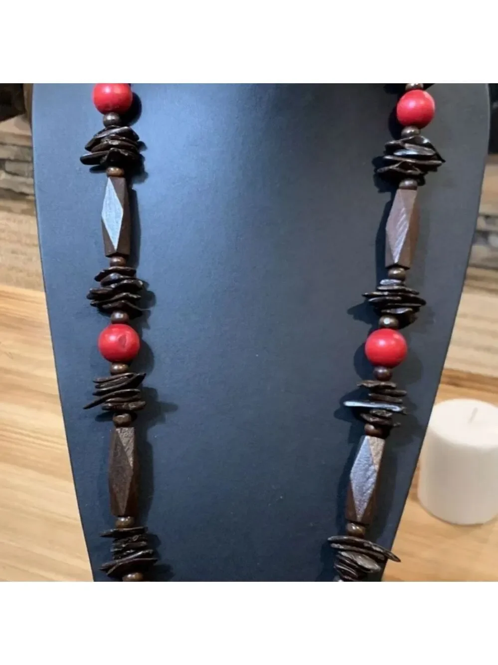 Wooden Elegant Brown and Red Beaded Geometric Necklace 36